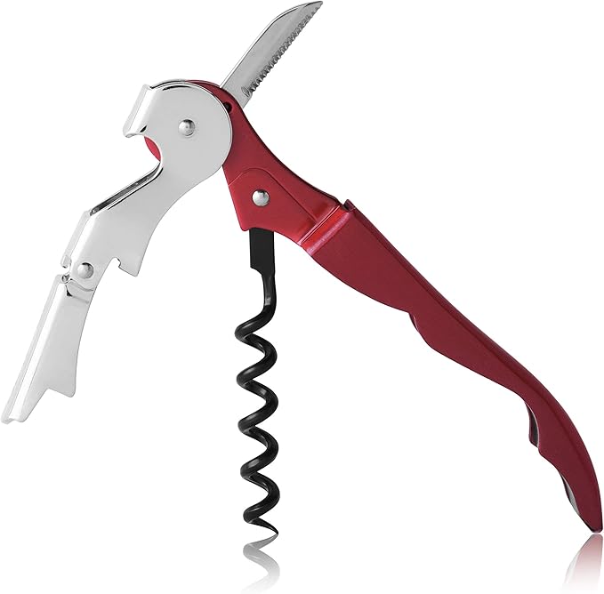 True Brands TrueTap Double Hinged Waiters Corkscrew, Top-notch Stainless Steel Opener with Foil Cutter Built to Last Wine Key Metallic Red, Set of 1 (Pack of 2)