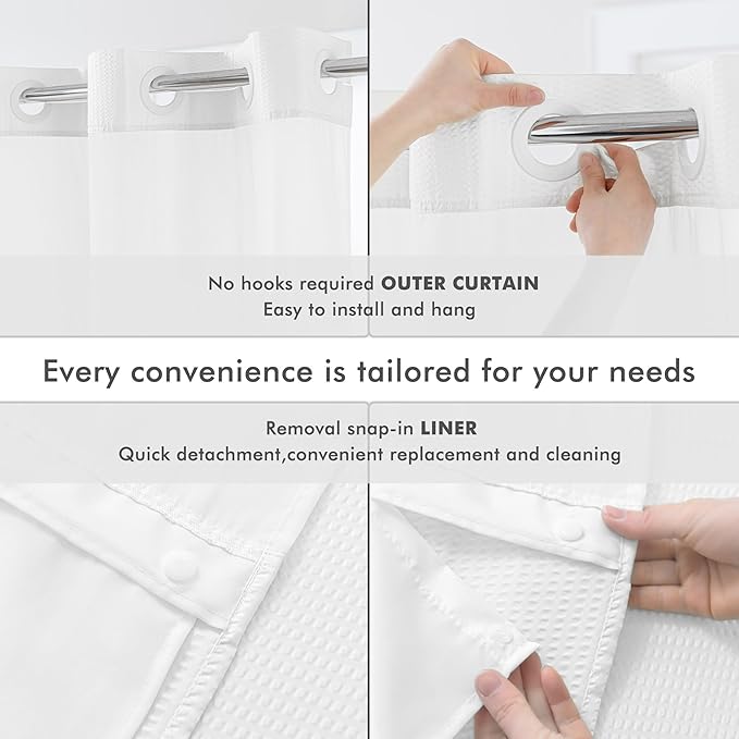 Mrs Awesome No Hook Shower Curtain with Snap-in Liner, Embossed Waffle Design Fabric Shower Curtain for Bathroom, Soft & Lightweight, 71x86, White
