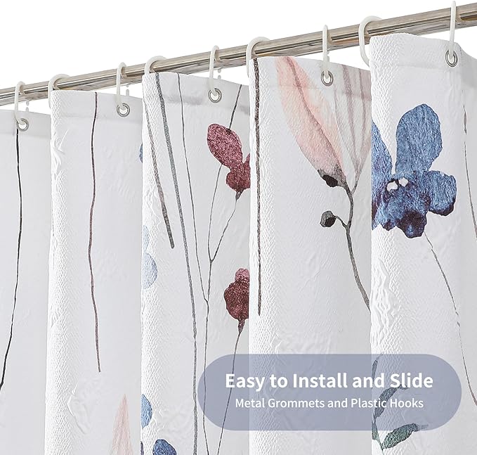 QiyI Spring Floral Shower Curtain, Watercolor Wildflowers Minimalist Bath Set, 3D Embossed Butterflies Botanical Flower Bathroom, Waterproof Fabric With Hooks, 72x72