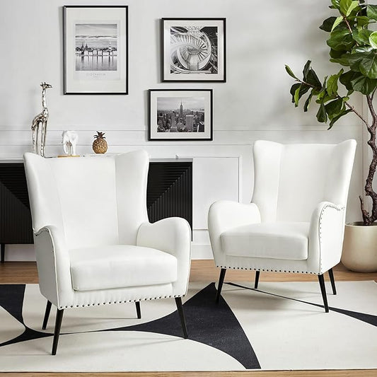 HULALA Home Faux Leather Accent Chair Set of 2 w/Removable Cushion, Comfy Upholstered Armchair with Metal Legs & Nailhead Trim Wingback Vanity Chair Desk Chair for Reading Living Room Bedroom, Ivory