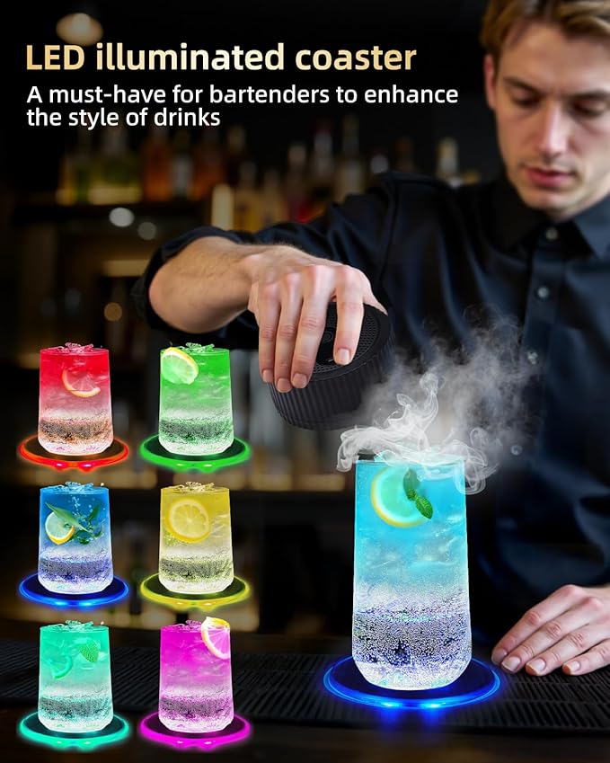 Electric Whiskey Smoker Kit - with 6 Flavors Wood, No Butane Needed Electric Cocktail Smoker Kit, Drink Smoker Kit Gifts for Men/Dad/Husband - with Ice Ball molds and LED Illuminated Coasters