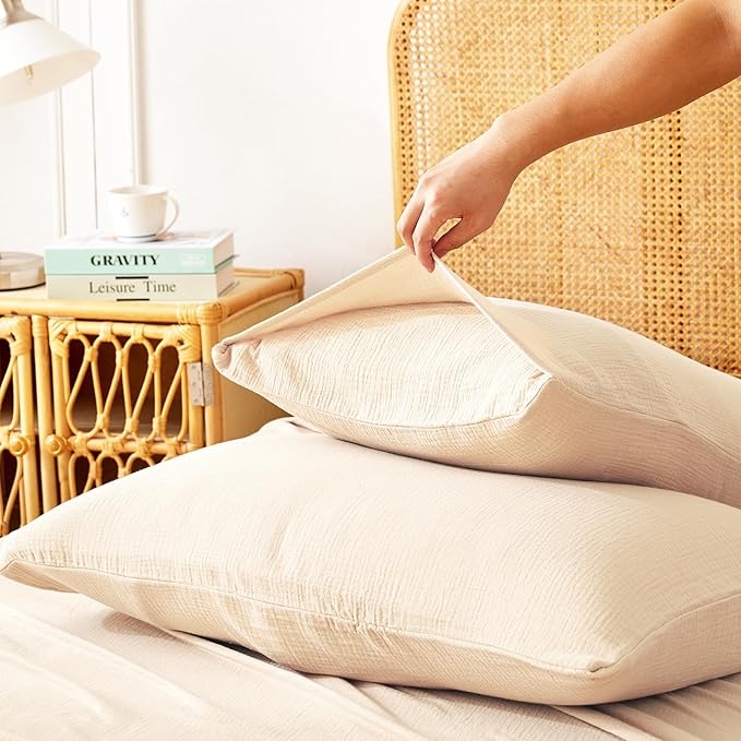 Twin Sheets Set 100% Cotton Bed Sheets Gauze 3 Pcs Linen Like Textured Beige Fall 16" Deep Pocket Sheet & Pillowcase Sets Boho Muslin Soft Bedding Sets for All Season Machine Wash