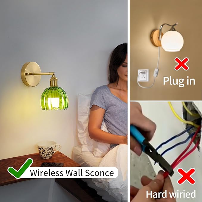 Vintage Battery Operated Wall Sconces with Remote, 180 Degree Adjustable, Modern Battery Powered Wall Lighting Fixture with Green Tulip Glass Lampshade for Bedroom Bedside Bathroom-2Pack