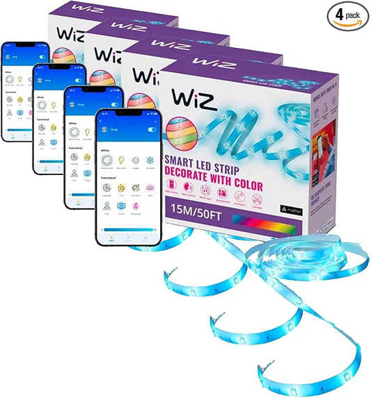WiZ RGB LED Light Strip – 50 ft Cut to Fit, 16 Million Colors + Shades of White, Preset Light Modes, Connects to Your Wi-Fi, Voice/App Control, Works with Google Home, Alexa and HomeKit (Pack of 4)