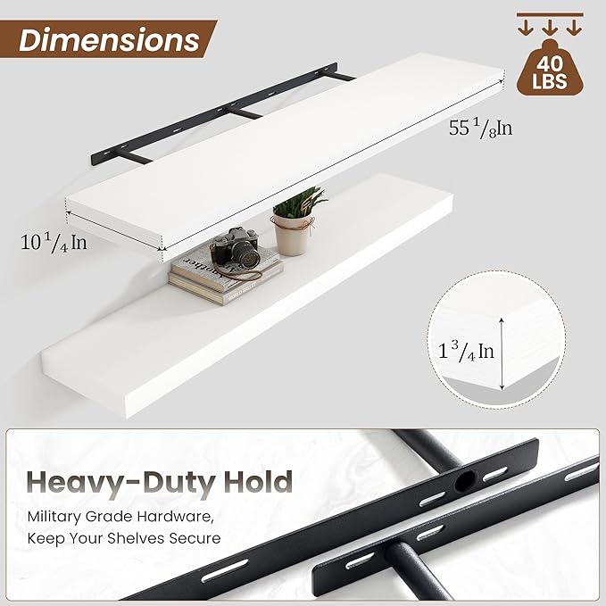 Heimlove 55 Inch Floating Shelves for Wall,10 Deep 10 Deep Large White Wall Shelf with Heavy Duty Brackets,Mounted Storage & Display Shelves for Bedroom,Living Room,Kitchen,Office,Set of 2