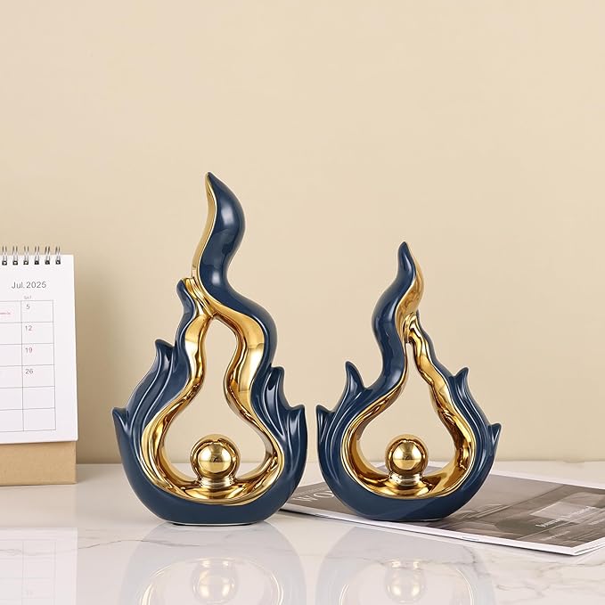 2 Pcs Navy Blue and Gold Ceramic Sculptures for Home Decor, Modern Abstract Art Statues, Centerpieces for Dining Room Table, Living Room, Shelf, Mantel, Coffee Table, Entryway Accent Decorations