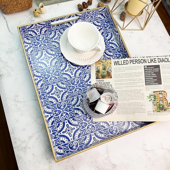 Serving Tray with Handles, Rectangular Decorative Trays for Coffee Table, Plastic Ottoman Tray for Living Room, Decor, Boho Blue, 15.7”*11.8”*1.6"