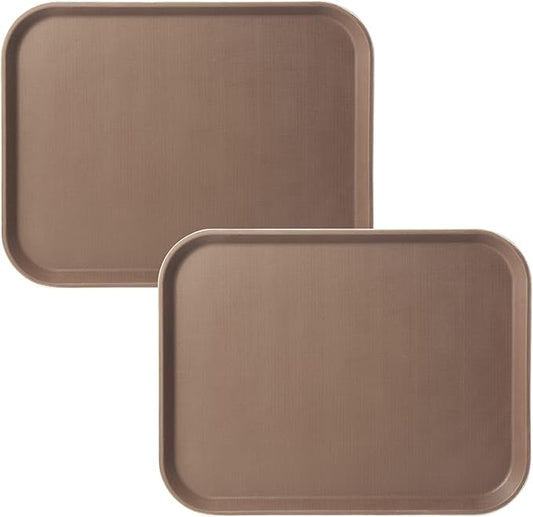 CURTA 2-Pack Restaurant Grade Non-Slip Tray, NSF, 18 Inch x 14 Inch, Plastic Rubber Lined Rectangular Serving Tray, Brown