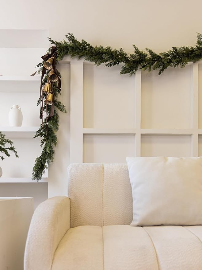 9ft Handmade Christmas Garland,Cedar Artificial Greenery Cypress Pine Needles Seasonal Garland for Christmas Fireplace Winter Holiday Indoor Outdoor Decoration