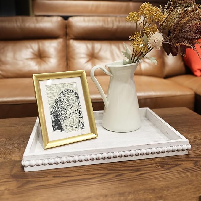 Wood Decorative Coffee Table Serving Tray, Farmhouse Rectangular Tray with Wooden Bead for Ottoman, Entertaining, Home Decor, 15.7”*11.8”*1.57” (Whitewashed)