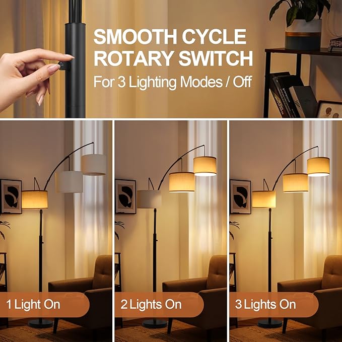 OUTON Arc Led Floor Lamp, Modern Black 3 Light Tall Floor Lamp for Bedroom, 2400lm Mid Century Adjustable Standing Corner Lamps for Living Room Office, 3 LED Bulbs Included, White Lampshade