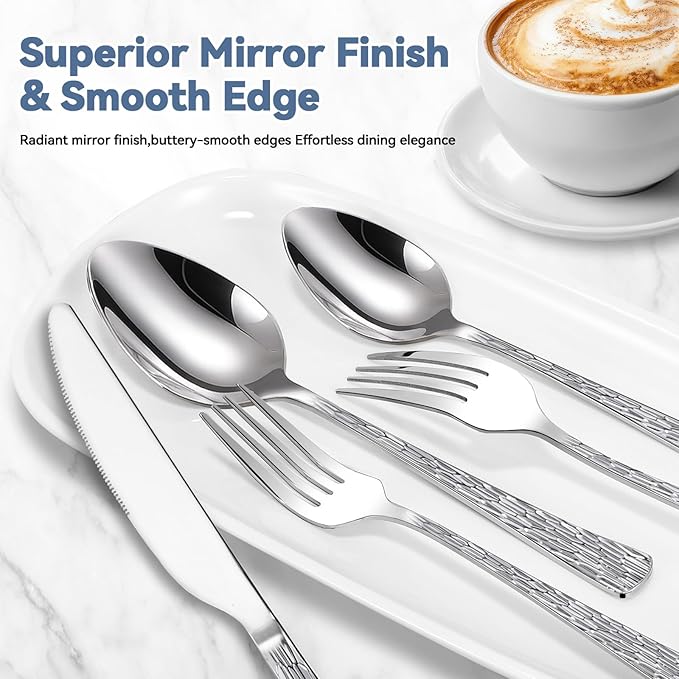 Yoehka 60-Piece Hammered Silverware Set for 12, Stainless Steel Flatware Set with Tree Pattern Handles, Mirror Polished Cutlery/Utensils Set for Home, Restaurant, Hotel, Dishwasher safe