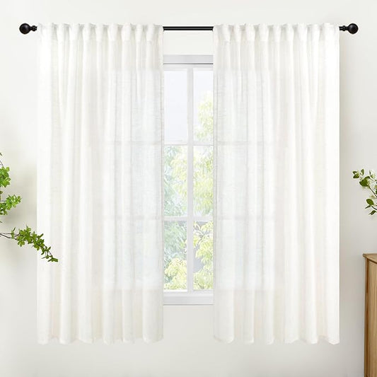 YoungsTex Linen Semi Sheer Curtains 63 Inch Length 2 Panels, Ivory White Light Filtering Window Drapes Naturel Textured with Rod Pocket Back Tab for Bedroom Living Room, 52 X 63 Inch