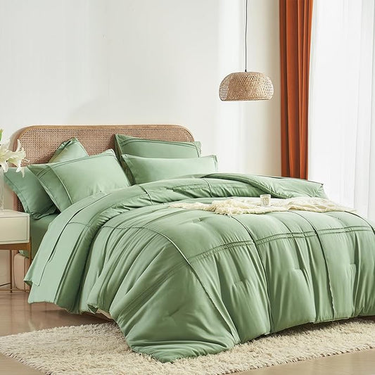 Yogeneg King Size Comforter Set 7 Piece Bed in a Bag,Grid Pinch Pleat Sage Green Bedding Set,Striped Textured Soft Microfiber Comforter with Sheet Set,All Season Complete Bed Set(Sage Green,King)