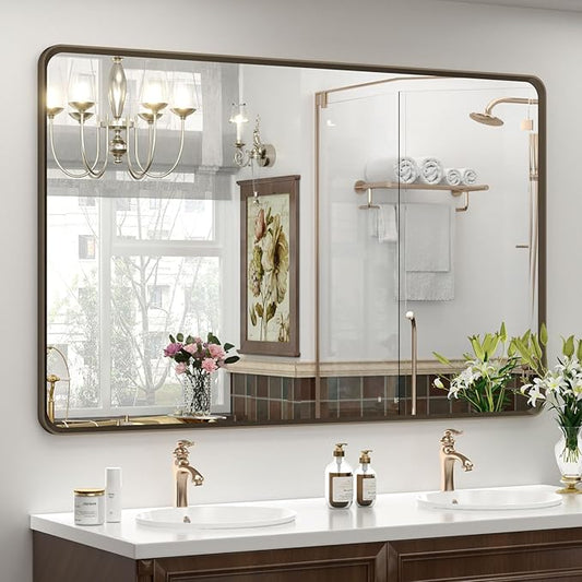 OKPAL 48x30 Bronze Bathroom Vanity Mirror, Brushed Bronze Metal Framed Mirror, Rounded Rectangle Bronze Bathroom Mirror, Anti-Rust, Shatterproof (Horizontal/Vertical)