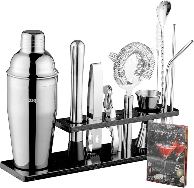 Bartender Kit with Stand, 11 Piece Set, Cocktail Shaker Set 24 oz Shaker Bar Tool Set for Beginner with Recipe