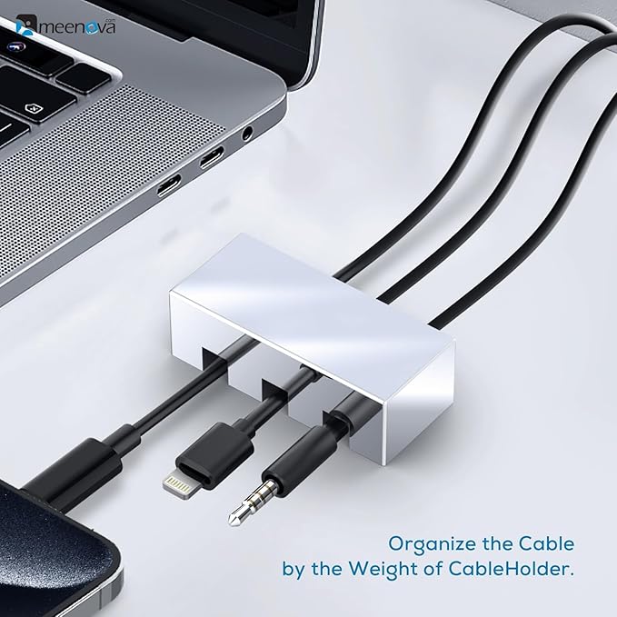 Meenova 304 Stainless Steel Weighted Cord Holder for Nightstand, Cable Organizer Management, 3 Hole Design, Aesthetic Desk Accessory for Office Computer Desk Charger Metal Keeper