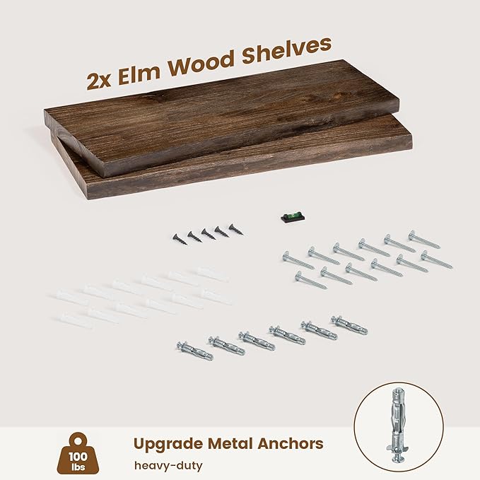 Rustic Elm Wood Floating Shelves for Wall, Live Edge 24"W x 9.2"D x 1.4"H, Set of 2 with Invisible Bracket, Wall Mounted Storage Shelves for Living Room Bedroom Kitchen Bathroom Decor, Walnut Finish