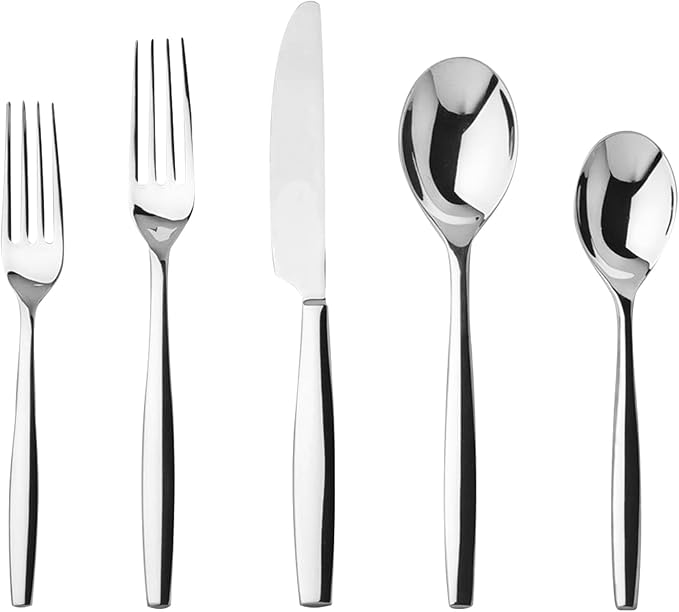 nambe Aidan Flatware Set, 45-Pc Set, 18/10 Mirror Stainless Steel Silverware Cutlery Set, Designed for Home Kitchens or Restaurants, Service for 8 and a 3pc Hostess Utensil Set, Dishwasher Safe