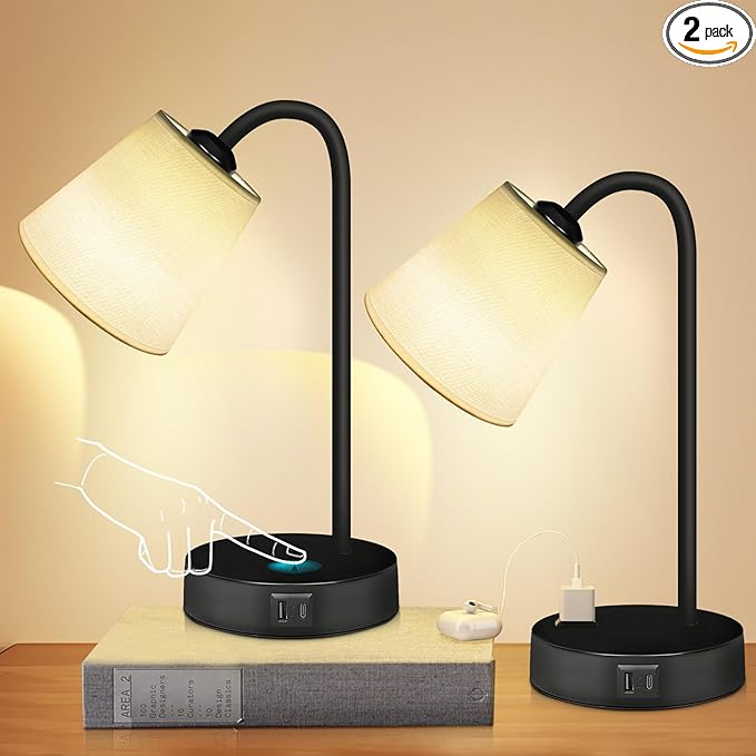 Industrial Table Lamps Set of 2 for Bedroom-3 Way Dimmable Touch Bedside Lamp for Nightstand with USB C+A Ports and Outlet,Desk Lamp with Fabric Shade for Living Room,Home,Office