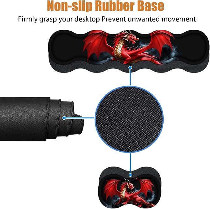 4 in 1 Ergonomic Keyboard Wrist Rest & Mouse Pad Wrist Rest Set, Large XXL Gaming Desk Mat 31.5"x 11.8" with Non-Slip Base, Memory Foam for Home Office Study Gaming, Red Dragon