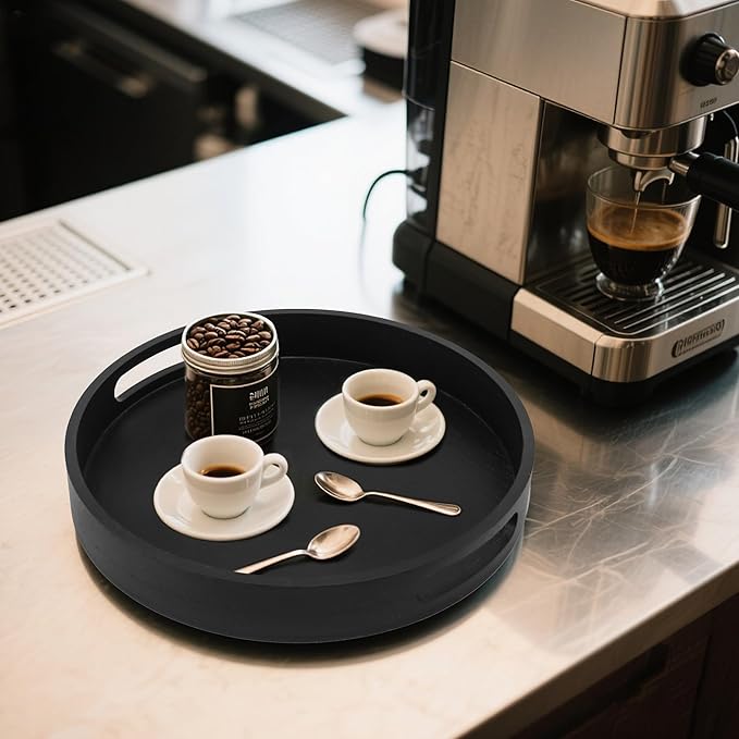 Round Decorative Tray,Wooden Serving Tray with Handles, 11.8in Black Decorative Trays for Coffee Table,Kitchen Counter,bandejas decorativas