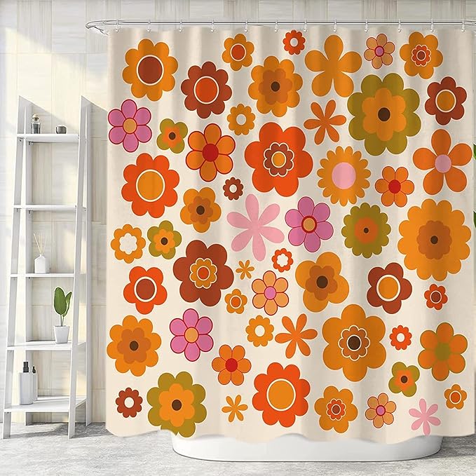 Retro Flowers Shower Curtain, Groovy Brown Orange Sun Flower Vintage 70s Fabric Shower Curtains Set for Bathroom Funky Hippie 1970 Boho Yellow Floral Decoration with Hooks 72 X 83 inch Bath Decor