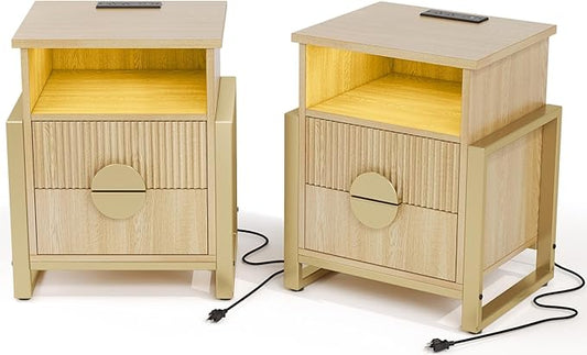 LGHM Set of 2 Large Fluted Nightstand with Charger Station Lights,20.47" W Night Stand with 2 Drawers, Accent Bedside Table and End Table,Semicylinder Drawer Front,Stable Raising Legs,Natural Oak