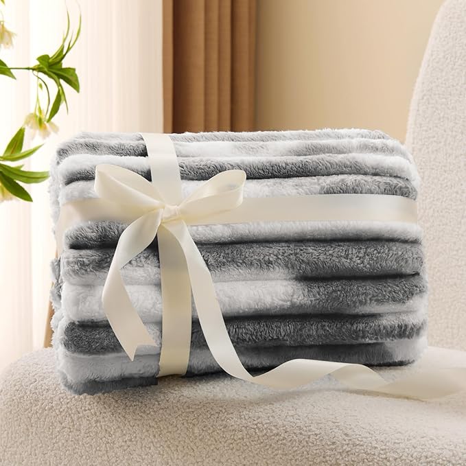 BEDELITE Twin Blanket for Couch & Bed, 300GSM Soft & Warm Fleece Blanket, Decorative and Giftable Striped Tie-dye Grey Blankets for Women, Men, 60"x80"