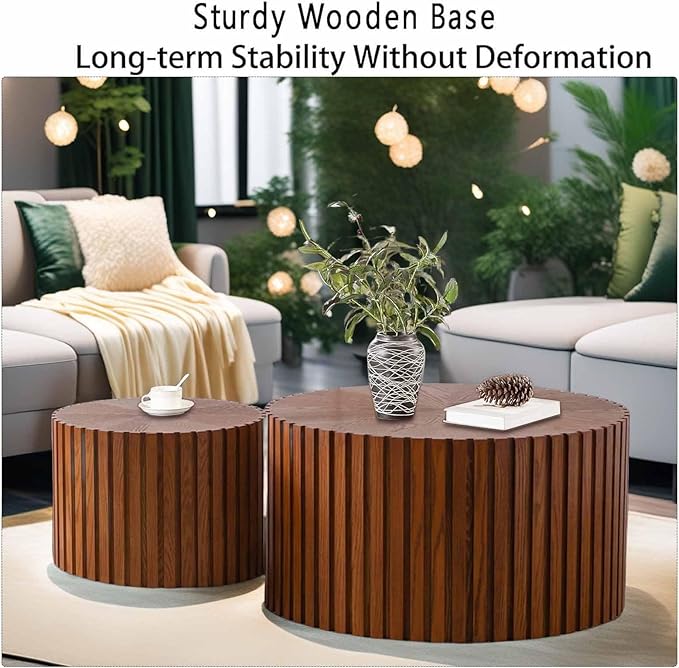 Modern Round Wooden Nesting Coffee Table Set of 2 Circle Tables with Non-Slip Feet, Accent Side End Table, Saving Space Design and No Need Assembly (FLARGE)