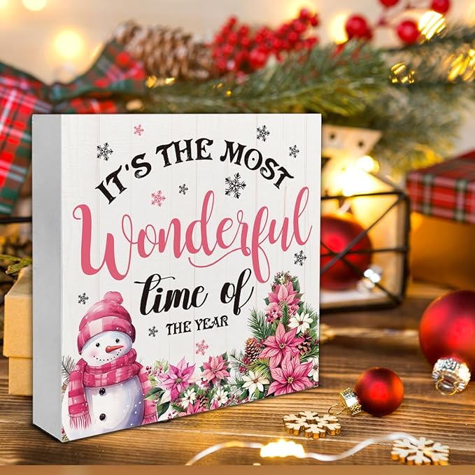 Indoor Christmas Decorations, It's the Most Wonderful Time of the Year Wooden Sign, Snowman Wooden Block Sign, Farmhouse Christmas Decor for Table Shelf 5 x 5 Inch