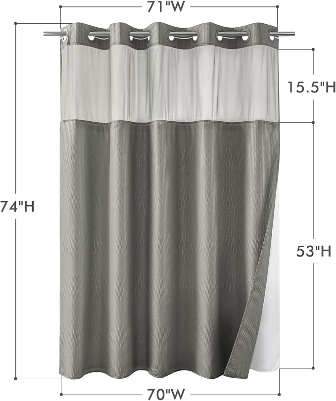 Mrs Awesome No Hook Shower Curtain with Snap-in LinerLess Time On/Off, Embossed Waffle-Look Textured Fabric Shower Curtain for Bathroom, Soft & Lightweight, 71x74, Gray