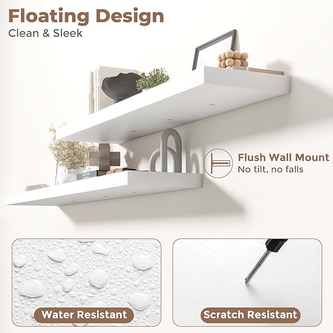 Floating Shelves for Wall with Invisible Brackets, Wall Mounted Engineered Wood Shelves with Wood Grain for Living Room, Bedroom, Bathroom, Kitchen Decor and Storage, Oak, 48"L Set of 2, White