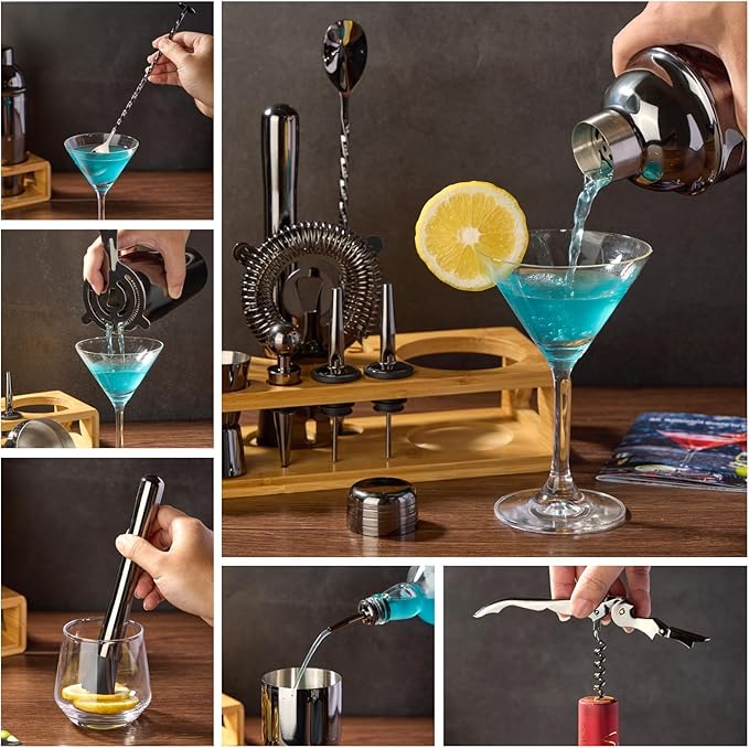 Cocktail Shaker Set Bartender Kit : 12-Piece Bar Tool Set with Bamboo Stand | Bar Set with All Practical Bar Accessories, for Drink Mixing, Bar, Home, Lounge & Party (Titanium Grey)