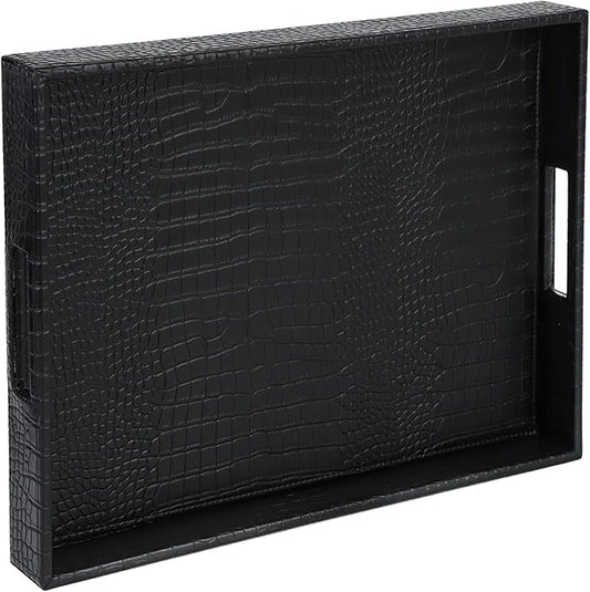 HofferRuffer Rectangle Serving Tray with Hole Handles for Coffee Table, Breakfast, Tea, Food, Butler - Countertop, Kitchen, Vanity Serve Tray, 16.2 x 12.2 x 2 inches, Faux Leather (Black Croco)
