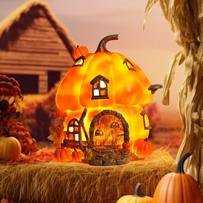 Yinns Fall Decorations for Home Porch, Pumpkin Fairy House Fall Decor, Autumn Harvest Decor with LED Light, Thanksgiving Gift