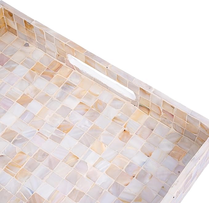 PEMAR 12.2" Square Serving Tray Mother of Pearl Nacre Wood Lap Ottoman Tray for Coffee Table, Luxury Decorative Handmade Eating Platters w Insert Handles (White Cream Squares Pattern)