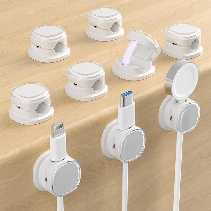 Magnetic Cable Clips, Adjustable Cord Holder Management, Adhesive Wire Keeper Organizer for Home Office Desk Phone PC Car Wall Desktop Nightstand Appliance (9-PCS White)