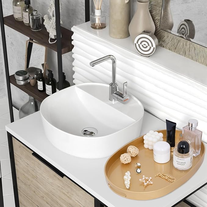 MAONAME Gold Decorative Tray, Oval Serving Tray with Handles, Plastic Trays for Coffee Table, Ottoman Trays for Living Room, Bathroom, 15.6" X 10.6" X 1.4"