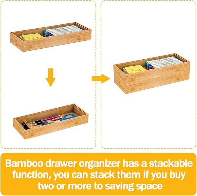 Utensil Organizer Silverware Drawer Organizer-Stackable Bamboo Flatware Caddy Cutlery Holder, Wooden Storage Boxes Tray for Bedroom,Office, Bathroom, Vanity & Garage Tool Organization(15"6"2.5")