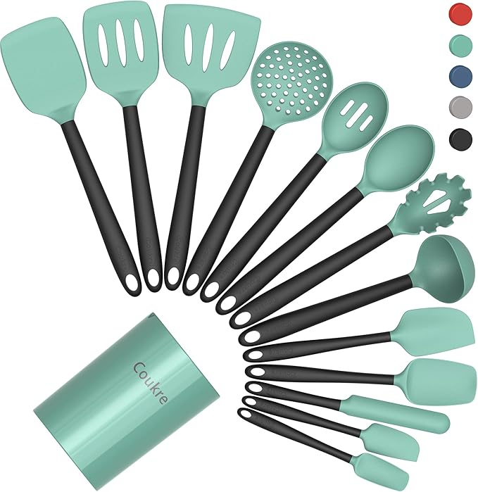 Coukre Silicone Kitchen Cooking Utensils Set with Holder – Heat-Resistant, Food-Grade Kitchen Tools, Spatula, Spoon & Gadgets for Non-Stick Pans, Dishwasher Safe (14, AquaGreen)