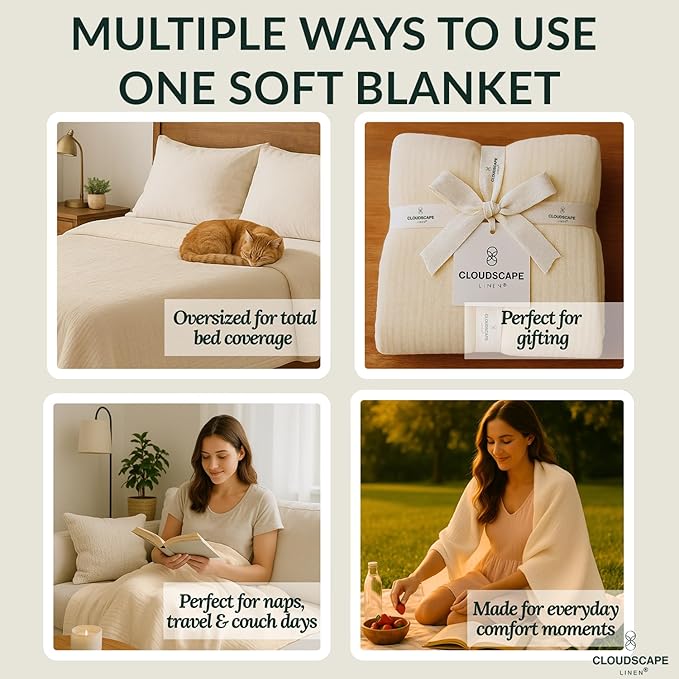 Cloud Scape Linen Extra Large 8-Layer Muslin Throw Blanket, 100% Cotton Gauze Blanket for Couch, Sofa, Bed, Lightweight, Suitable for All Season,50x70, Ivory