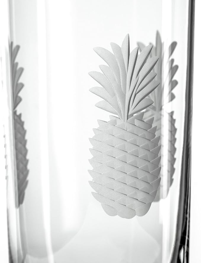 Rolf Glass Fresh Pineapple Highball Glass | 15oz Cooler Glasses | Lead-Free and Diamond-Wheel Engraved | Heavy Base, Thick Glass | Made in the USA | Tropical Etched Pineapple | Set of 4