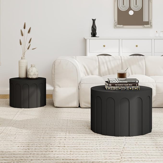 Nesting Coffee Table Set of 2, Modern Coffee Tables, Space-Saving Round Circle Coffee Tables, Side End Table for Living Room, Bedroom, Balcony, Office, Black