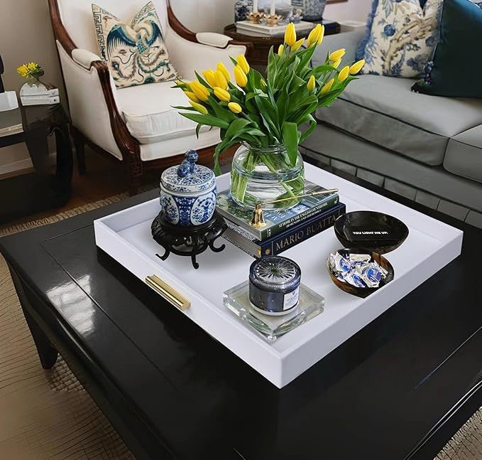 HofferRuffer Extra Large Square Serving Tray, Elegant Faux Leather Ottoman Tray with Gold Hardware Handles, Serve Tea, Coffee or Breakfast in Bed, 24 x 24 inches (White Shagreen)