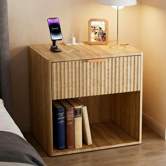 Mid Century Modern Nightstand - Single Drawer Wood Frame Bedside Table with USB Ports & Charging Outlets, Easy Assembly End Table for Bedroom