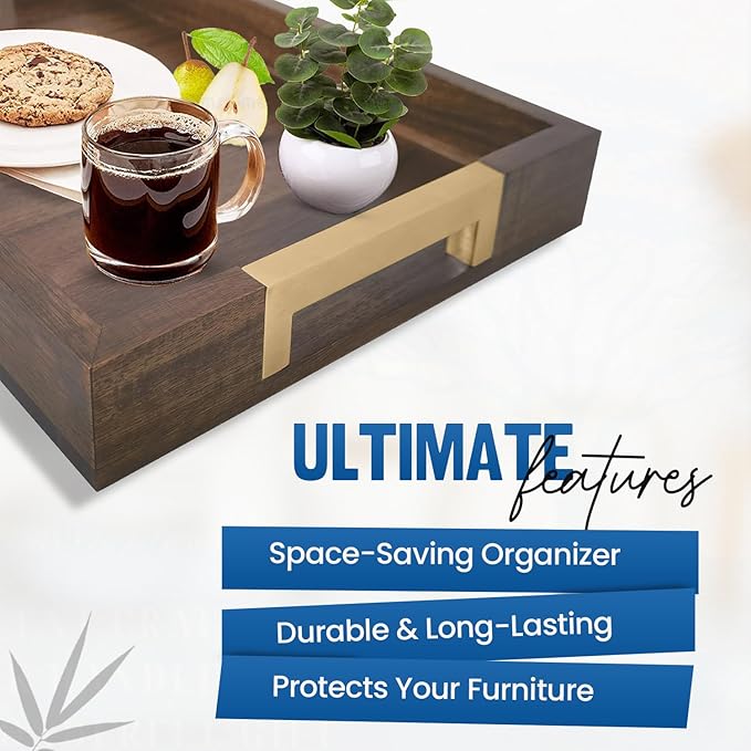 Large Wooden Ottoman Tray with Golden Handles for Serving Food, Decorative Serving Platter for Breakfast, Dinner & Bar, 17.5x11.8in Rustic Storage Tray for Kitchen, Bedroom & Gift Packaging