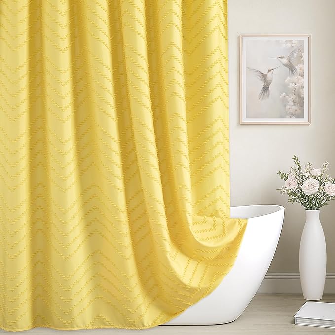 84inches Extra Long Yellow Shower Curtain Boho Farmhouse Shower Curtain 72 x 84 Tufted Chevron Textured Minimalist Shower Curtains for Bathroom
