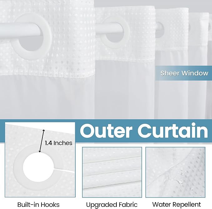 Long No Hook Shower Curtain with Snap in Liner,230GSM Waffle Weave Shower Curtains for Bathroom,71W x 80H(78"),White