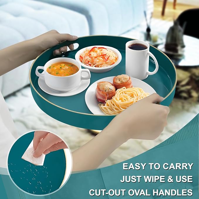 MAONAME 13" Round Tray, Teal Serving Trays with Handles, Modern Decorative Trays for Coffee Table, Plastic Ottoman Tray for Ottoman, Bathroom, Decor